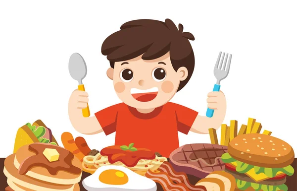 Ένα Αγόρι Κουτάλι Και Πιρούνι Πρόκειται Τρώτε Τρόφιμα — Διανυσματικό Αρχείο