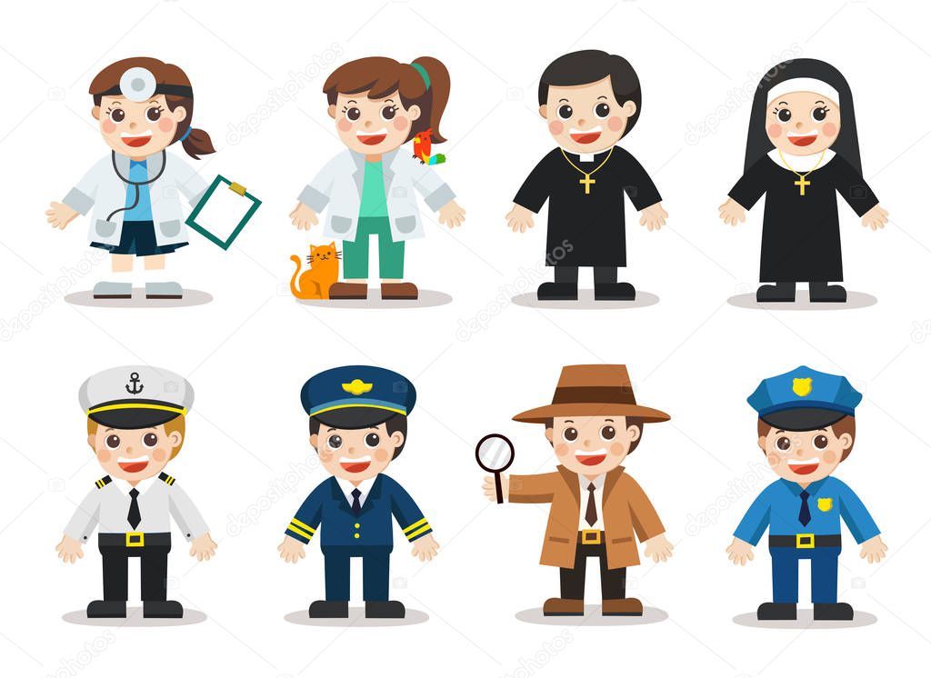 Kid Set of different professions. Doctor, Veterinary, Bishop, Nun, Police, Detective, Naval, Air Force. Vector illustration in a flat style
