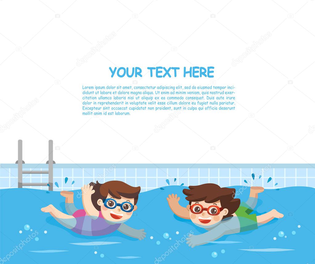 Cheerful and active little Boy and Girl swimming in the swimming pool. Template for advertising brochure.