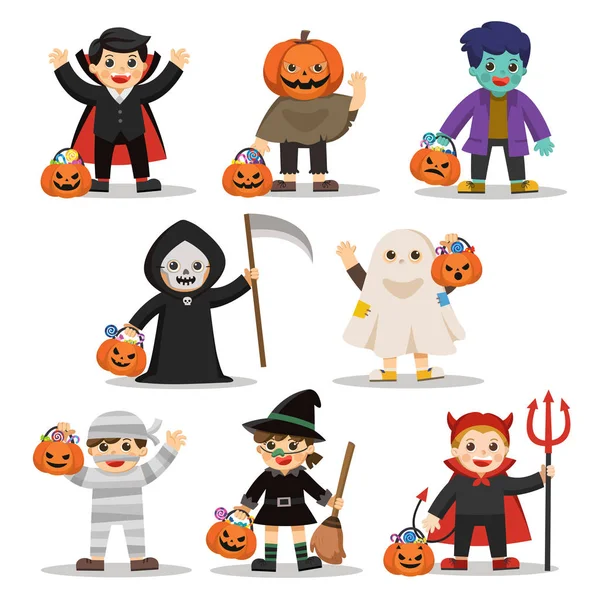 Satz Von Glücklichen Halloween Lustige Kinder Bunten Kostümen Und Einem — Stockvektor