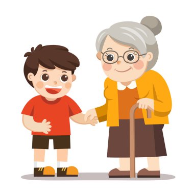 Mutlu yaşlı kadın küçük çocuk el ele tutuşarak bir Walker. Çocuklar destekleyen büyükbaba veya büyükanne devre dışı.