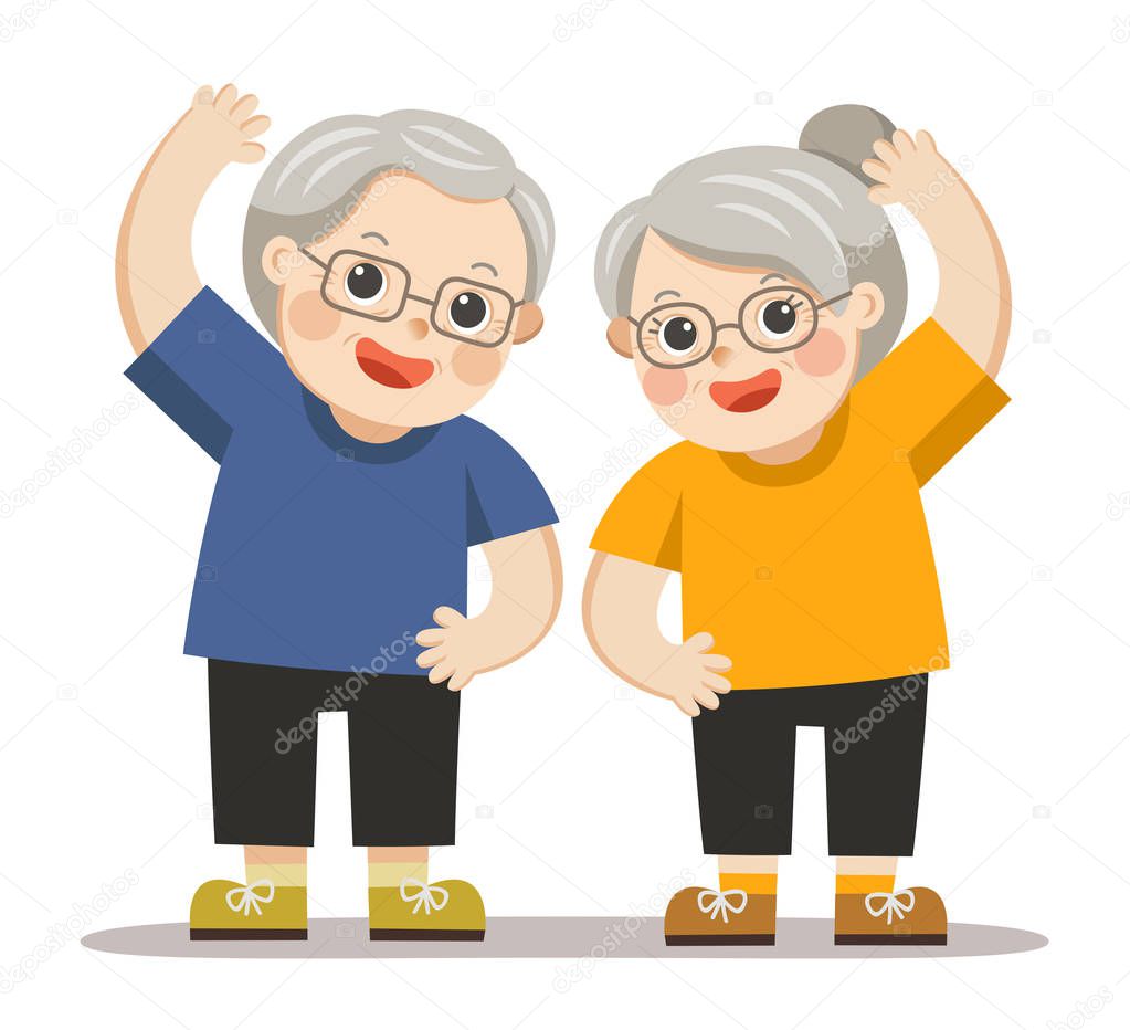 Senior people and gymnastics.  Grandparents doing exercises. Elderly couple.
