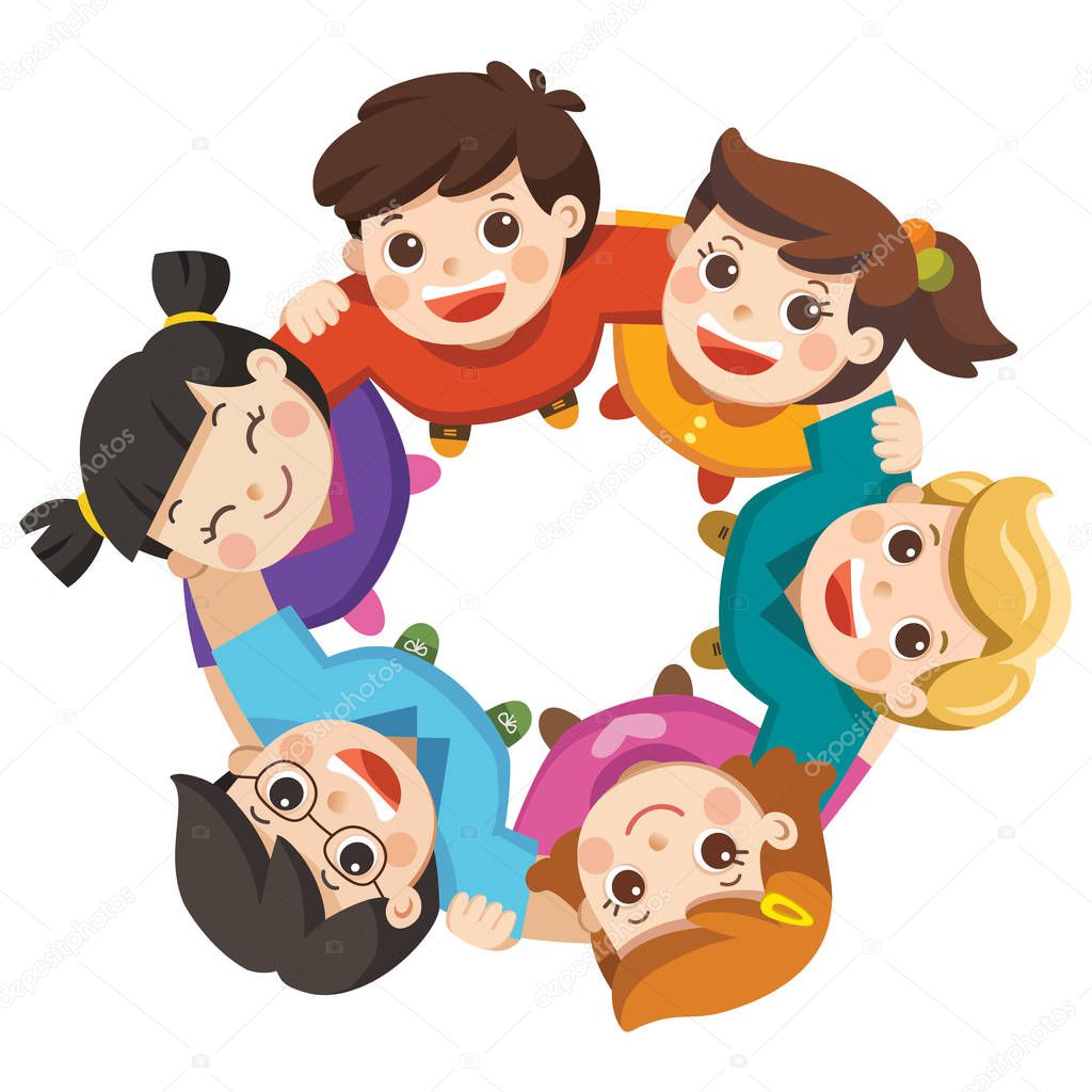 Friendship boys and girls standing arm in arm forming a circle looking up at the viewer. Happy group children isolated.