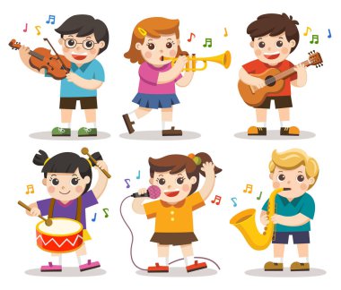 İllüstrasyon, çocuklar oynarken müzik aletleri ayarlayın. Hobiler ve ilgi alanları. 