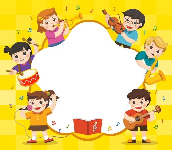Conceito Musical Grupo Crianças Crianças Tocando Instrumentos Musicais Modelo Para — Vetor de Stock
