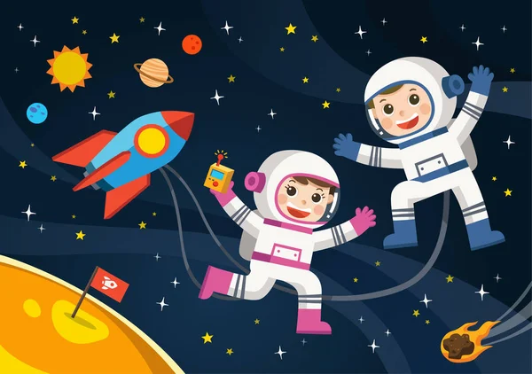 Scènes Spatiales Astronaute Sur Planète Avec Vaisseau Extraterrestre — Image vectorielle