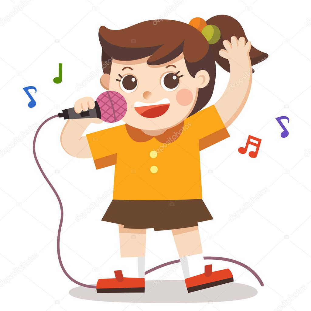A Girl singing with microphone on white background. Child musical performance.