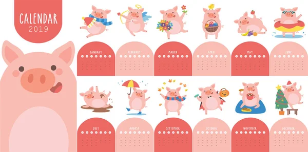 Calendar 2019 Cute Pig Different Situations Symbol Year Chinese 2019 — Stock Vector