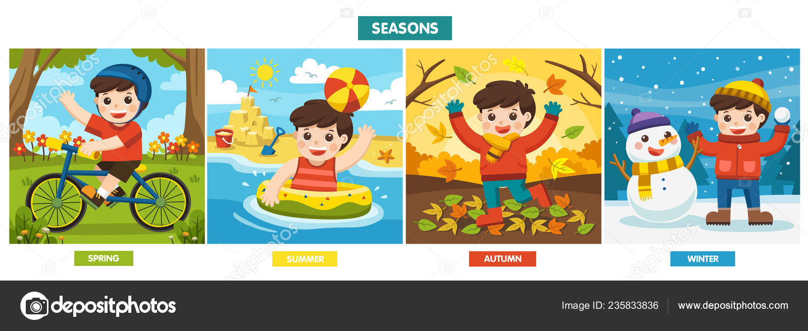 Illustration Four Seasons Weather Cute Boy Playing Different Seasons Stock Vector C Yatate10 Gmail Com 235833836