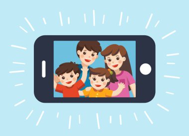Mutlu aile selfie resmi smartphone ekran için. Anne, Baba, oğlu, kızı ile selfie fotoğraf. Vektör çizim. 