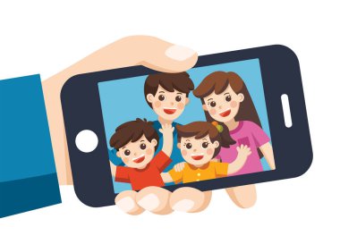 İnsan elini tut aygıt ve Selfie. Mutlu aile selfie resmi smartphone ekran için. Anne, Baba, oğlu, kızı ile selfie fotoğraf. Vektör çizim. 
