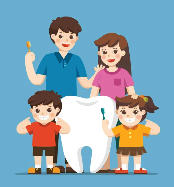 Bambini Sorridenti Con Genitori Piedi Accanto Grande Dente Bianco Hanno — Vettoriale Stock