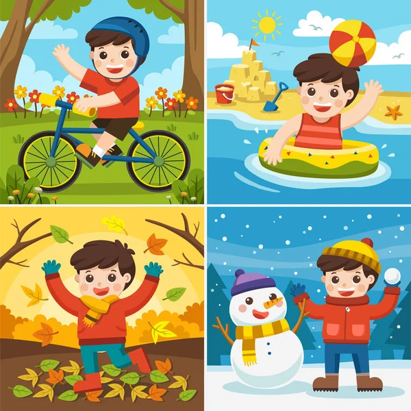 Ilustración Four Seasons Clima Chico Lindo Jugando Diferentes Temporadas — Archivo Imágenes Vectoriales