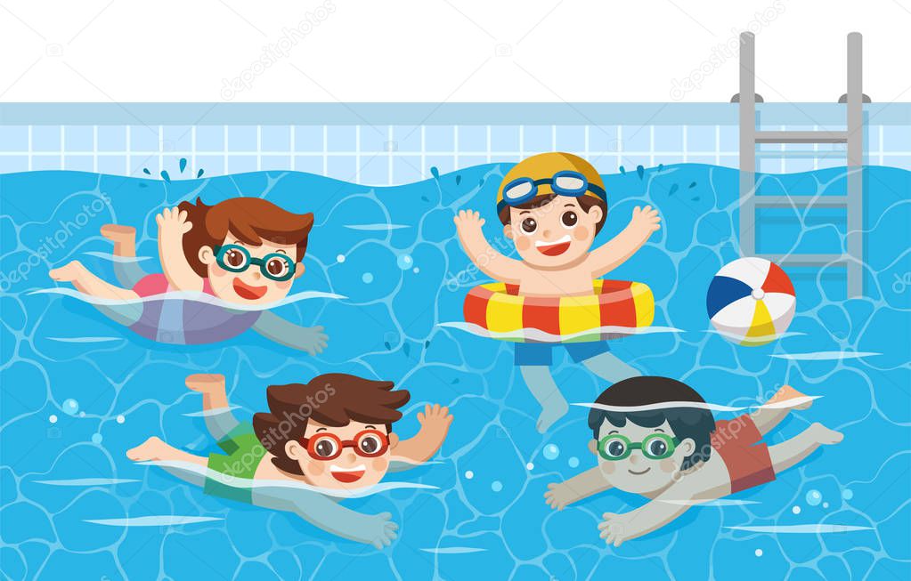 Cheerful and active Kids swimming in the swimming pool. Sport Team. Vector  illustration. 