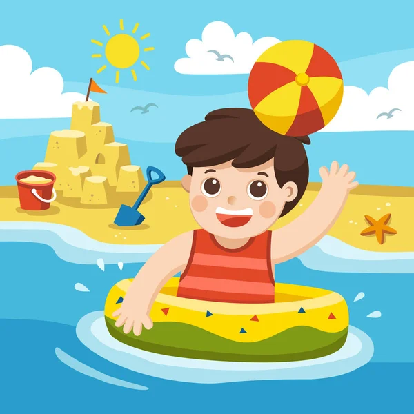 一个男孩在海里玩耍和游泳 在海滩上的快乐假期 — 图库矢量图片