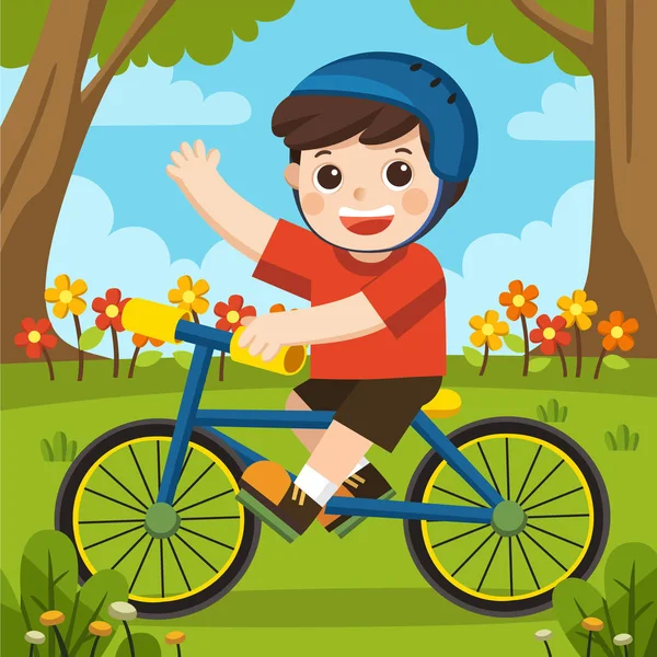 Menino Capacete Divertindo Parque Primavera Com Sua Bicicleta Azul Belo —  Vetores de Stock