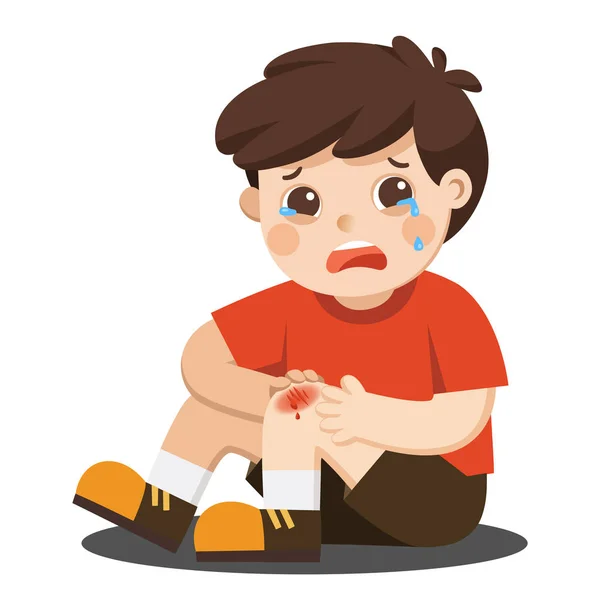 Ein Junge Mit Schmerzhaft Verwundeten Kniekratzern Bein Blut Tropft Kind — Stockvektor
