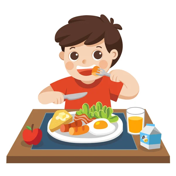 Little Boy Happy Eat Breakfast Morning — Stock Vector