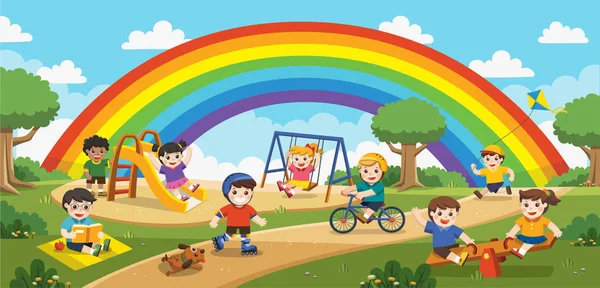 Boldog Izgatott Gyerekek Együtt Szórakozik Játszótér Gyerekek Játszanak Kívül Szivárvány — Stock Vector
