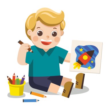 Geri okula, mutlu çocuk çek resimler kalemler ve boyalar katta. İzole vektör.