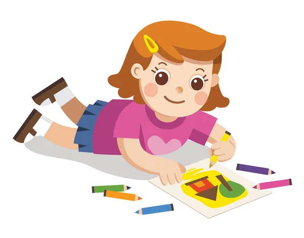 Vuelta Escuela Happy Girl Dibuja Lápices Pinturas Suelo Vector Aislado — Archivo Imágenes Vectoriales