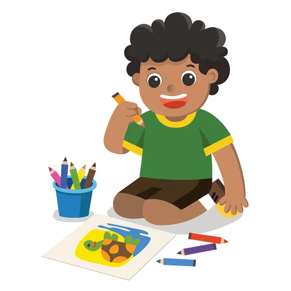 Volta Escola Happy Boy Desenhar Desenhos Lápis Pinturas Chão Vetor —  Vetores de Stock