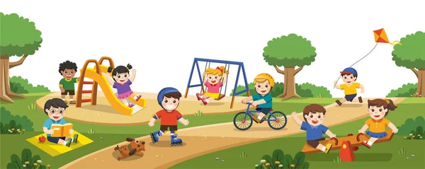 Счастливые Взволнованные Дети Веселятся Вместе Детской Площадке Дети Играют Улице — стоковый вектор