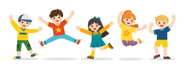 Children 's activities. Счастливые дети прыгают вместе на нардах — стоковый вектор