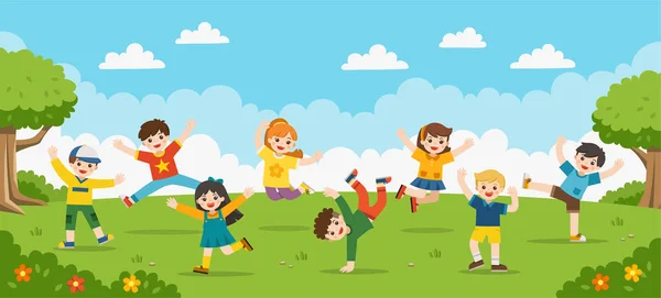 Atividades infantis. Crianças felizes estão pulando no parque.Te — Vetor de Stock