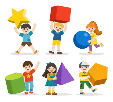 Basit geometri formları çocuklarla. Farklı geometrik şekil. 