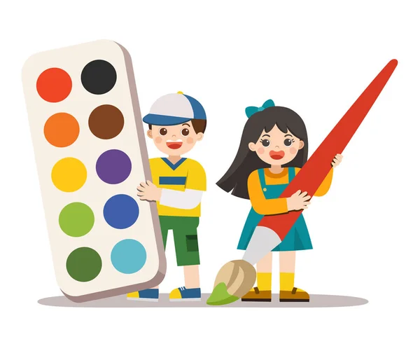 快乐的男孩和女孩拿着大颜色托盘和画笔. — 图库矢量图片