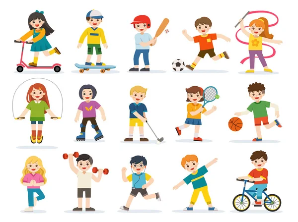 Σύνολο δραστηριοτήτων των Happy παιδιά παίζοντας σπορ και απολαμβάνοντας διαφορετικές αθλητικές ασκήσεις. — Διανυσματικό Αρχείο