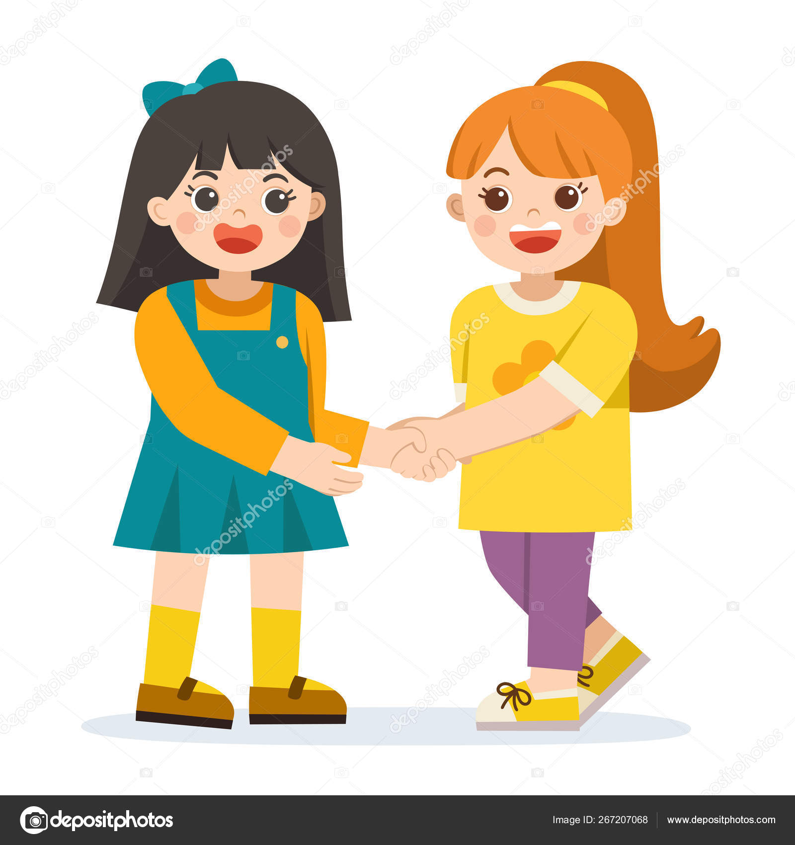 Happy girls standing and shaking hands making peace. Stock Vector Image by  © #267207068