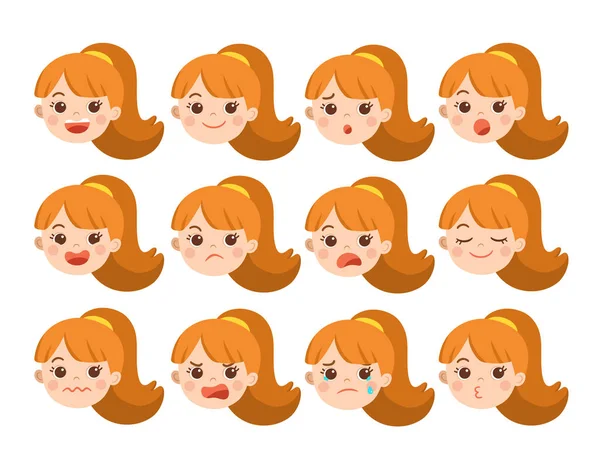 Conjunto de Adorable Girl emociones faciales . — Vector de stock