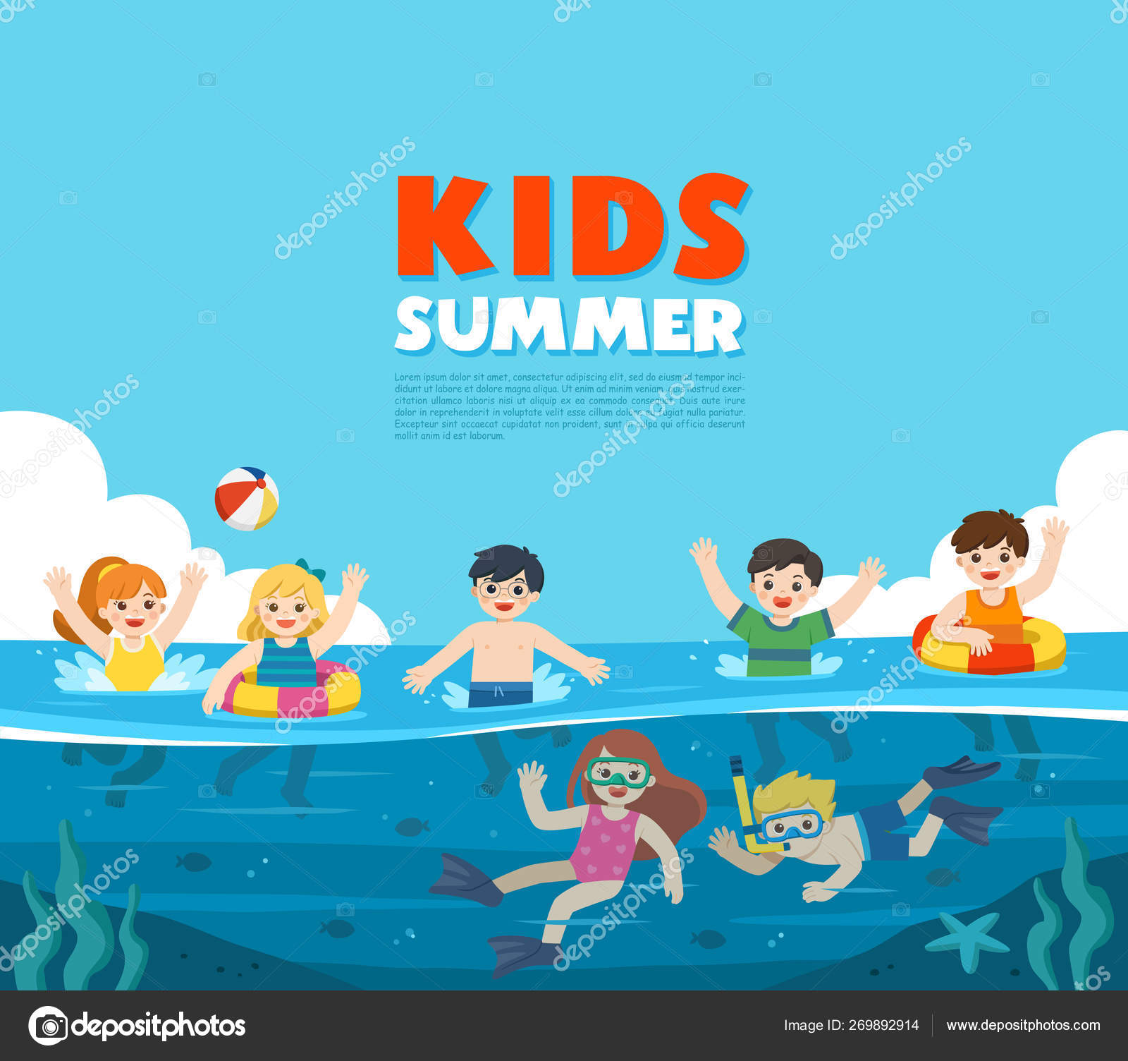 Kids Having Fun Outdoors Happy Kids Play And Swim In The Sea Little Boy And Girl Diving With Fish Under The Ocean Stock Vector C Yatate10 Gmail Com 269892914
