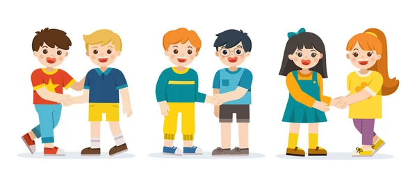 Anak-anak bahagia berdiri dan berjabat tangan membuat perdamaian. Happy Kids menangkap tangan satu sama lain  . Stok Vektor