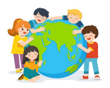 Küçük sevimli erkek ve kız beyaz bir arka plan üzerinde gezegen Dünya sarılma vardır.