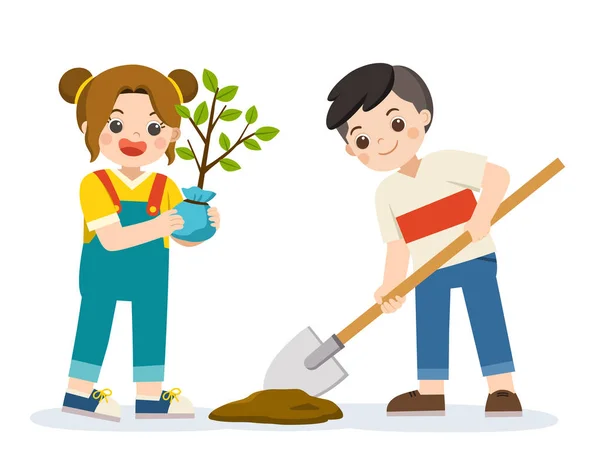 Niños lindos voluntarios plantaron un árbol joven para salvar la Tierra . — Vector de stock