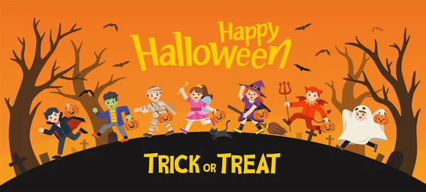Dzieci ubrane w Halloween fantazyjne sukienka iść trick or leczenie. — Wektor stockowy