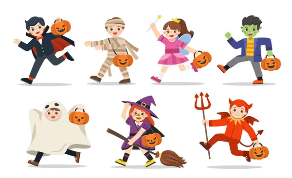 Sada dětí oblečených do Halloweenu módní šaty pro lest nebo léčbu. — Stockový vektor