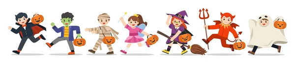 Kinderen gekleed in Halloween fancy dress te gaan truc of behandelen. — Stockvector