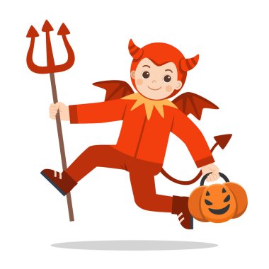 Trick veya Treat için kabak sepeti ile Evil kostüm küçük çocuk.