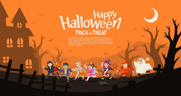 Barn i Halloween maskeraddräkter att gå trick eller behandla. — Stock vektor