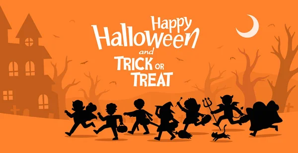 Dzieci w Halloween fantazyjne sukienka iść trick or leczenie. — Wektor stockowy