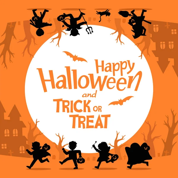 Sylwetka dzieci w Halloween fantazyjne sukienki, aby przejść trick or treat. — Wektor stockowy