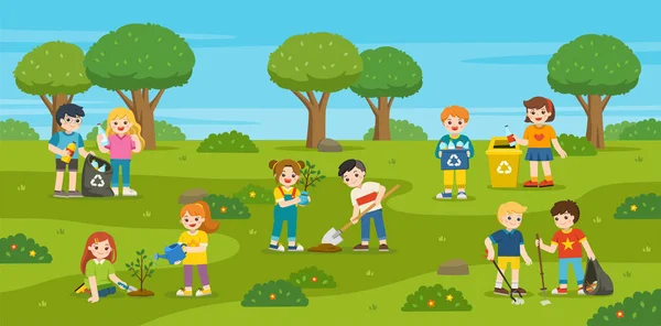 Niños plantaron y regaron árboles jóvenes, recogiendo basura y residuos plásticos para reciclar . — Vector de stock