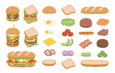Hamburger ve sandviç için beyaz arka planda malzemeler. Fast food Burger. Abur cubur konsepti.