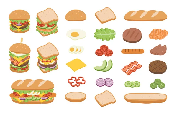 Sada Přísad Pro Burger Sendvič Bílém Pozadí Rychlé Občerstvení Koncept — Stockový vektor