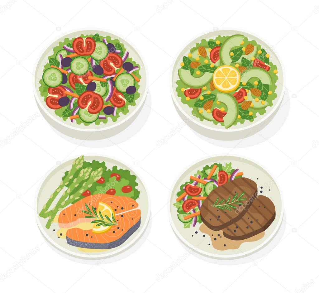 Set of various plates of food with fresh vegetable salad, beef steak, salmon steak. Let's eat something delicious tasty food. Icons for menu logos and labels.