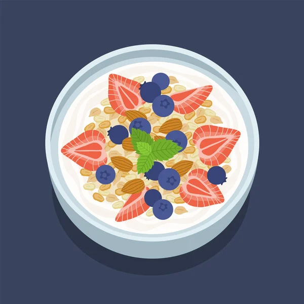 Muesli Frukter Hälsosam Naturlig Frukost Havreflingor Skål Med Blåbär Jordgubbar — Stock vektor